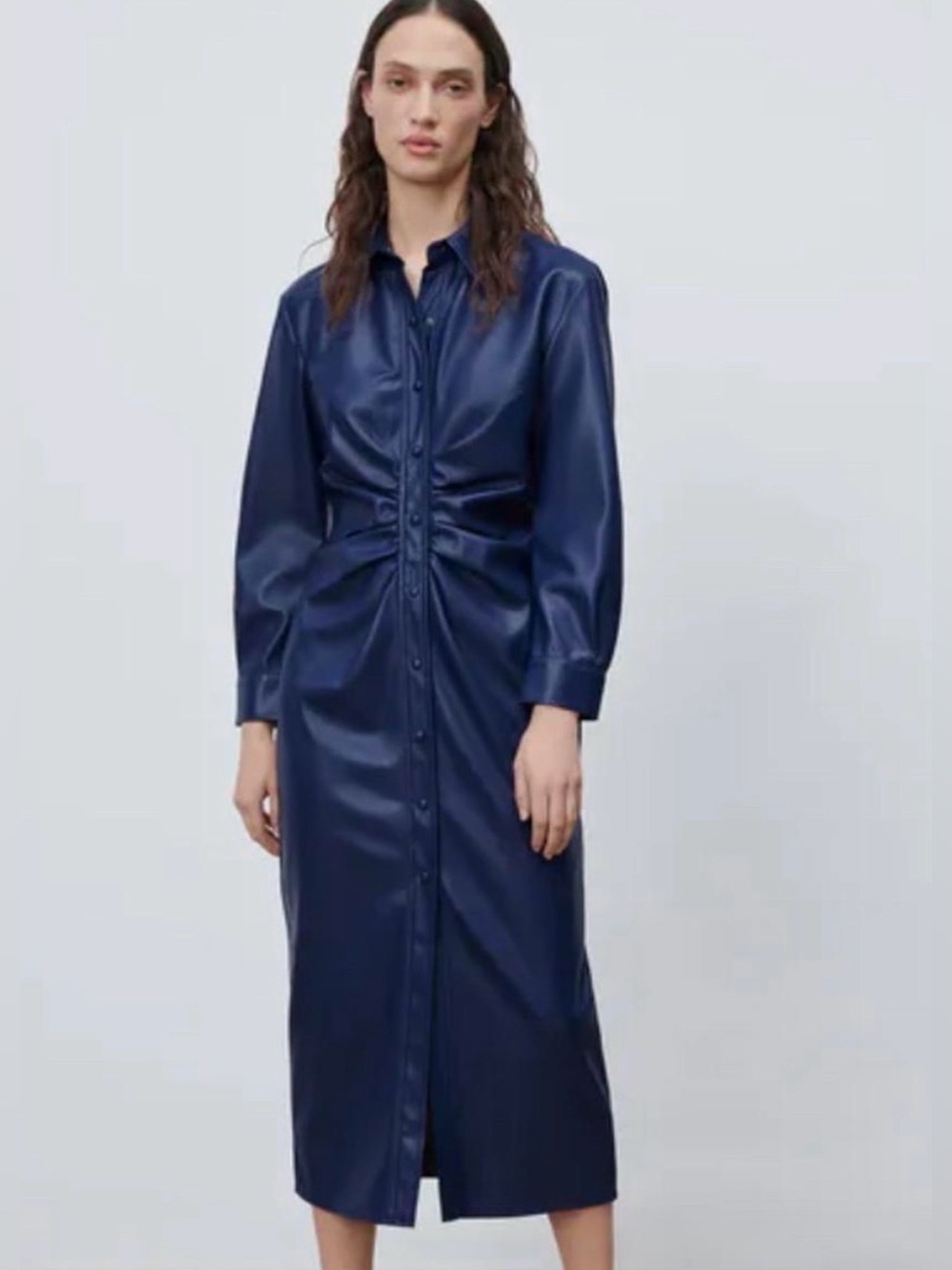 Zara Blue Faux-Leather Button-Front Midi Dress